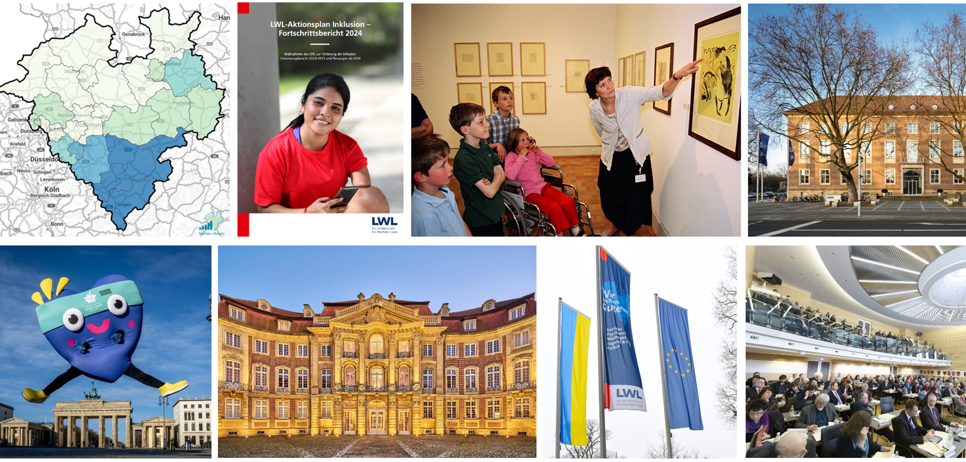 Verschiedene Bilder zeigen u. a. den Erbdrostenhof, das LWL-Landeshaus und den Fortschrittsbericht 2024 zum LWL-Aktionsplan Inklusion