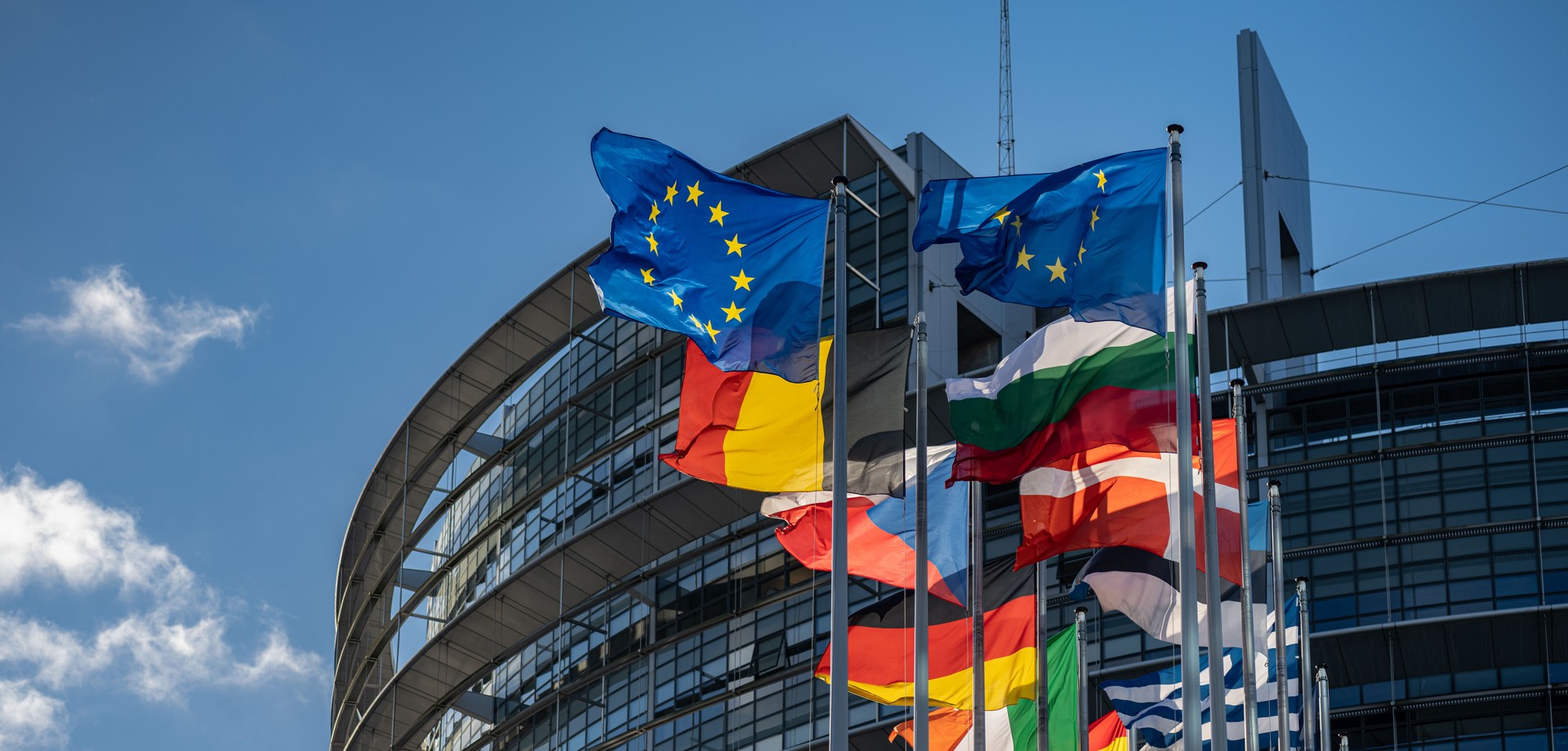 Flaggen vor dem Gebäude des Europäischen Parlaments in Straßburg